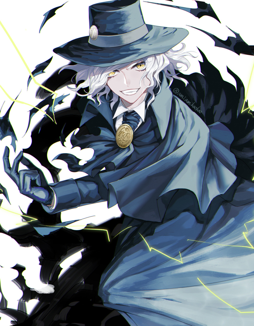 1boy amiamikaokao cape commentary_request edmond_dantes_(fate) fate/grand_order fate_(series) fedora formal_clothes gloves hand_up hat highres long_sleeves looking_at_viewer male_focus short_hair smile solo suit teeth twitter_username upper_teeth_only wavy_hair white_hair yellow_eyes