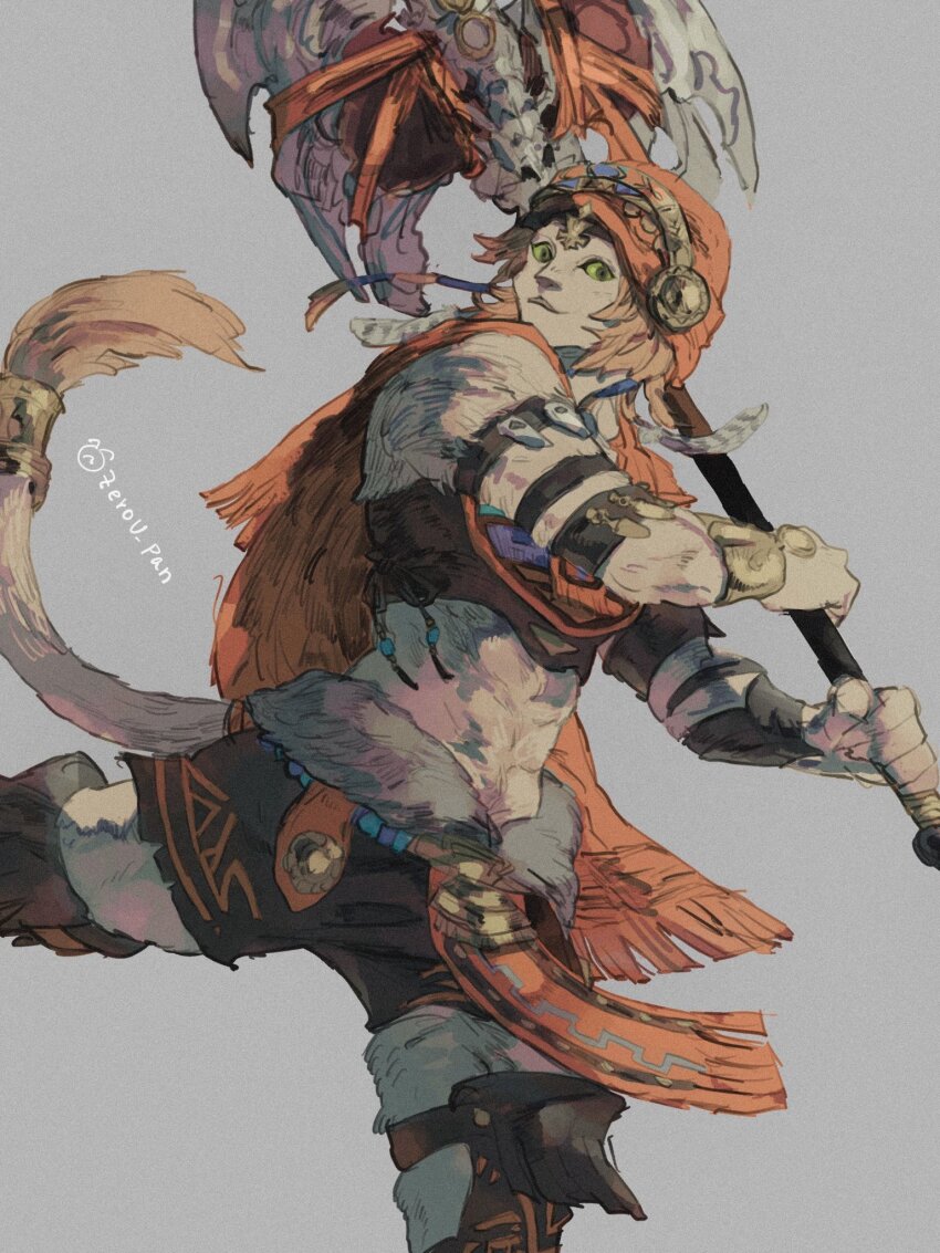 1girl armlet axe blonde_hair final_fantasy final_fantasy_xiv furry furry_female green_eyes highres hrothgar jewelry lion_girl loincloth looking_at_viewer shorts solo turban wuk_lamat zerou_pan