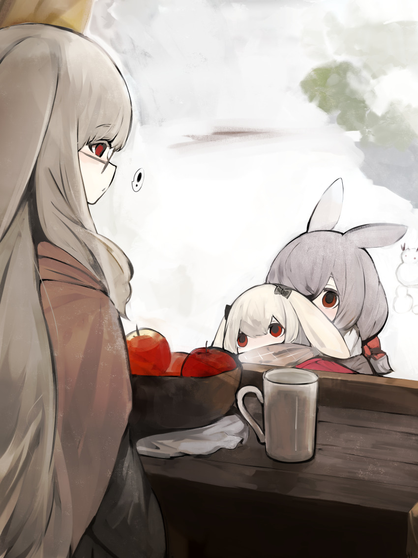 ! 3girls animal_ears apple bowl capelet cup expressionless food fruit glasses grey_fur grey_hair hair_ornament highres holding long_hair long_sleeves medium_hair multiple_girls original rabbit_ears rabbit_girl rabbit_tail apple red_capelet red_eyes scar shirokujira short_hair snow snowman speech_bubble table tail white_fur white_hair