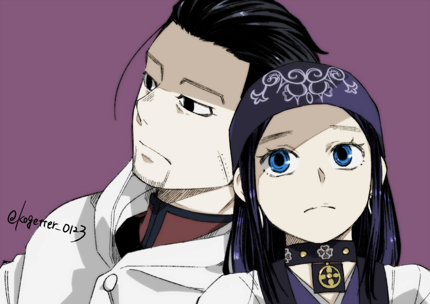 1boy 1girl ainu_clothes asirpa black_collar black_eyes black_hair blue_eyes blue_headband cloak collar commentary_request earrings facial_hair facial_scar frown goatee golden_kamuy hair_slicked_back headband highres jewelry moonlight_0423 ogata_hyakunosuke purple_background scar scar_on_cheek scar_on_face twitter_username white_cloak