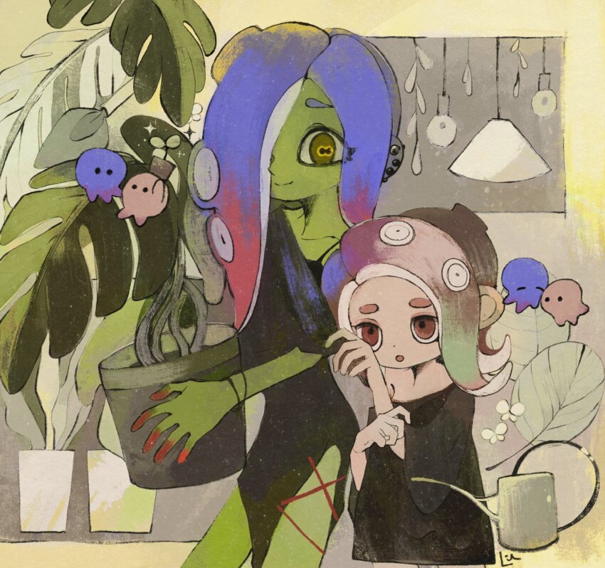 2girls :o black_dress blue_hair brown_eyes brown_hair cephalopod_eyes closed_mouth colored_skin colored_tips commentary cross-laced_slit dedf1sh dot_nose dress ear_piercing green_skin highres li04r long_hair multicolored_hair multiple_girls nintendo octoling octoling_girl octoling_player_character piercing plant potted_plant red_hair side_slit smile splatoon_(series) splatoon_3 tentacle_hair thick_eyebrows two-tone_hair watering_can yellow_eyes