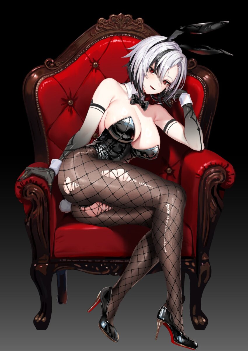 1girl alternate_costume animal_ears arlecchino_(genshin_impact) armchair bare_shoulders black_bow black_bowtie black_eyes black_footwear black_hair black_hands black_leotard bow bowtie breasts chair cleavage colored_extremities detached_collar elbow_rest fake_animal_ears fake_tail fishnet_pantyhose fishnets full_body genshin_impact grey_hair head_rest high_heels highres hominamia large_breasts leotard long_hair looking_at_viewer low_ponytail multicolored_hair open_mouth pantyhose playboy_bunny rabbit_ears rabbit_tail simple_background smile solo strapless strapless_leotard streaked_hair tail thighband_pantyhose torn_clothes torn_pantyhose white_wrist_cuffs wing_collar wrist_cuffs