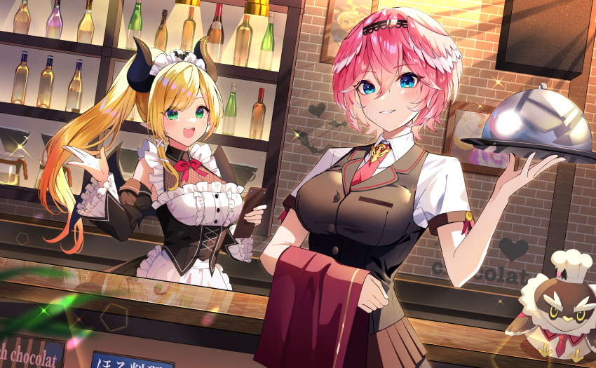 2girls :d absurdres apron bar_(place) black_dress black_hairband black_vest blonde_hair blue_eyes bottle bow bowtie breasts brick_wall cleavage clipboard collared_shirt demon_horns dress frilled_apron frilled_sleeves frills ganmo_(takane_lui) goroo_(eneosu) green_eyes hair_between_eyes hairband head_wings highres holding holding_clipboard holding_tray hololive horns indoors large_breasts long_hair long_sleeves maid maid_headdress multiple_girls necktie open_mouth parted_lips pink_hair pointy_ears ponytail red_bow red_bowtie red_necktie red_skirt see-through_clothes see-through_cleavage serving_dome shirt short_sleeves skirt smile takane_lui tray vest virtual_youtuber white_apron white_shirt wings yuzuki_choco yuzuki_choco_(maid)