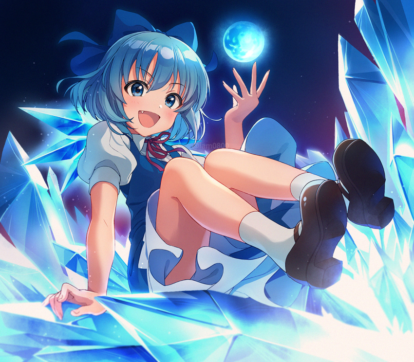 1girl asada_hachi blue_dress blue_eyes blue_hair blue_ribbon blush bow cirno commentary_request dress fang hair_bow ice ice_crystal ice_wings looking_at_viewer mary_janes null orb pinafore_dress puffy_short_sleeves puffy_sleeves red_ribbon ribbon shoes short_hair short_sleeves sitting sleeveless_dress touhou twitter_username wings