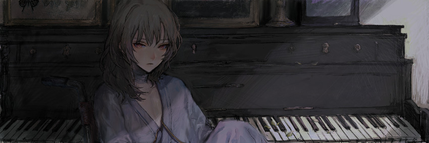 1girl bandaged_neck bandages closed_mouth grey_hair indoors instrument jiz_(pffbq) long_hair looking_at_viewer muted_color orange_eyes original piano picture_frame ringed_eyes sitting solo upper_body