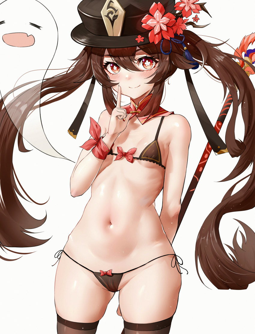 1girl absurdres bare_shoulders bikini black_bikini black_hat black_thighhighs blush breasts brown_hair closed_eyes commentary_request cowboy_shot di_qi_gang_guang fang flower genshin_impact ghost hat highres holding holding_weapon hu_tao_(genshin_impact) index_finger_raised long_hair navel open_mouth panties plum_blossoms polearm red_eyes revision side-tie_bikini_bottom side-tie_panties simple_background small_breasts solo stomach string_bikini swimsuit symbol-shaped_pupils thighhighs top_hat twintails underboob underwear very_long_hair weapon white_background