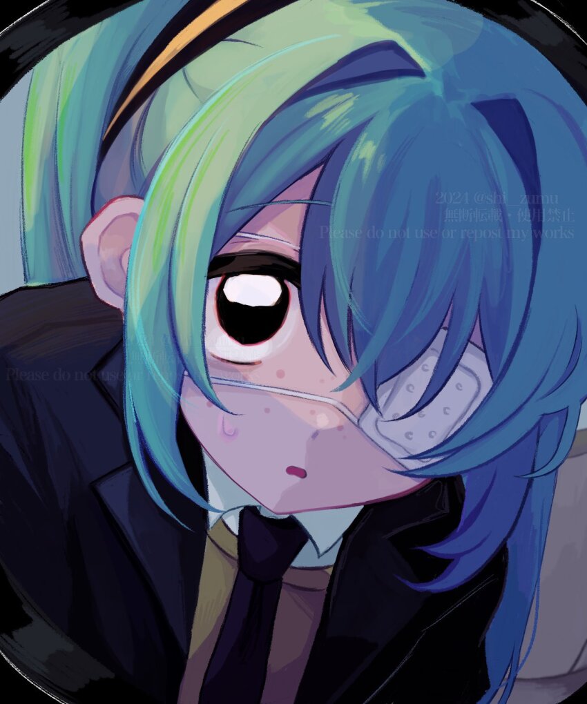 1girl black_eyes black_jacket black_necktie blue_hair collared_shirt eyepatch hatsune_miku highres jacket lapels long_hair looking_at_viewer monitoring_(vocaloid) necktie notched_lapels open_mouth shirt shizumu_(shi_zumu) sidelocks smile solo sweat twintails upper_body very_long_hair vocaloid white_shirt worried