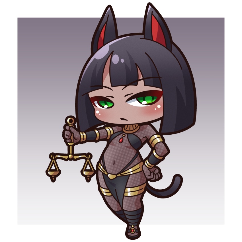 1girl absurdres animal_ears balance_scale black_hair blush bodysuit breasts cat_ears cat_girl cat_tail chibi closed_mouth commentary_request covered_navel egyptian fishnet_bodysuit fishnets full_body gradient_background green_eyes grey_background hand_on_own_hip highres holding libra_(zodiac) original pelvic_curtain personification saishosaisekojo sling_bikini_top small_breasts solo standing tail weighing_scale zodiac