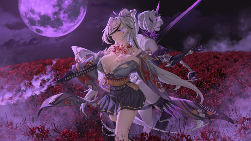 bare_shoulders breasts cartonbox_(zhixiang_zhi) character_request cleavage dual_persona enemy_yamato_(warship_girls_r) field floral_print flower flower_field fog glowing glowing_eye gold_trim hair_over_one_eye hand_on_own_chest highres holding holding_sword holding_weapon horns japanese_clothes katana kimono large_breasts long_hair looking_at_viewer looking_back moon multicolored_hair night night_sky open_mouth purple_eyes purple_moon red_flower skirt sky smile spider_lily streaked_hair sword thighhighs thighs warship_girls_r weapon white_hair