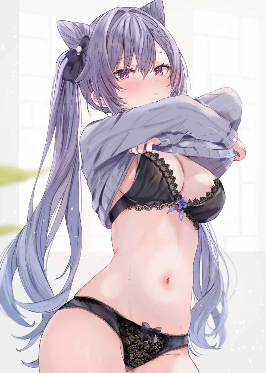 1girl absurdres black_bra black_panties blush bow bow_bra bow_panties bra breasts cleavage clothes_lift cone_hair_bun day diamond-shaped_pupils diamond_(shape) genshin_impact hair_between_eyes hair_bun highres indoors keqing_(genshin_impact) lace lace-trimmed_bra lace_trim large_breasts long_hair long_sleeves looking_at_viewer maruro navel panties purple_eyes purple_hair purple_sweater small_sweatdrop solo stomach sweater sweater_lift symbol-shaped_pupils twintails underwear upper_body very_long_hair