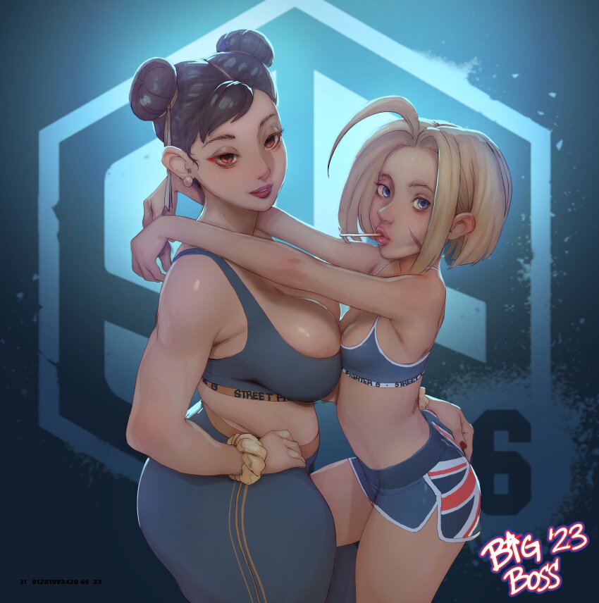 2girls absurdres arms_around_neck asymmetrical_docking big.boss.requiem black_hair black_sports_bra blonde_hair blue_eyes blue_sports_bra breast_press breasts cammy_white candy capcom chun-li cleavage commentary dolphin_shorts double_bun earrings eyeshadow food hair_bun hair_ribbon hand_on_another&#039;s_ass highres jewelry large_breasts lollipop looking_at_viewer makeup mature_female multiple_girls paid_reward_available pants petite pink_lips print_shorts puckered_lips red_eyeshadow ribbon scrunchie short_hair shorts small_breasts sphere_earrings sports_bra street_fighter street_fighter_6 symbol-only_commentary thick_thighs thighs underwear_writing union_jack_print wrist_scrunchie yoga_pants yuri