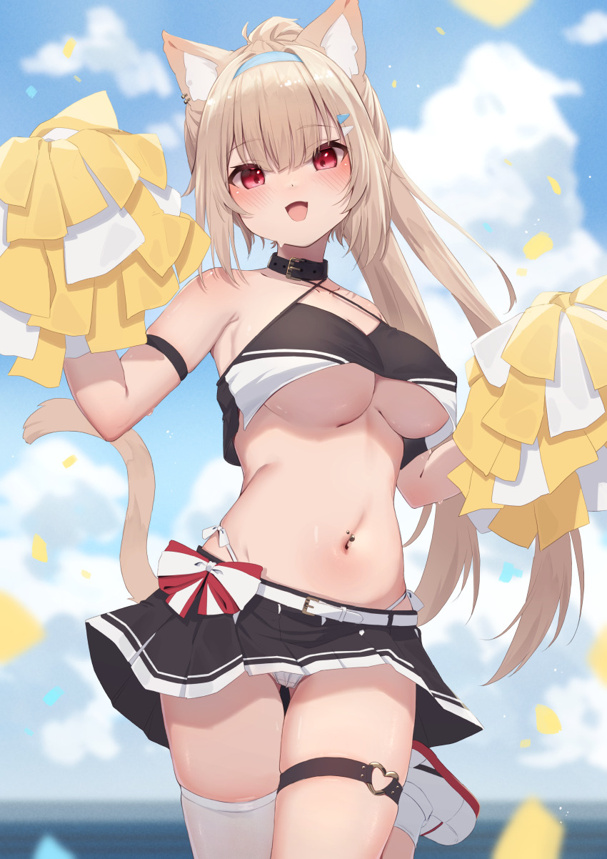 1girl :d absurdres animal_ears black_collar black_skirt blue_sky blurry blurry_background breasts cat_ears cat_girl cat_tail cheerleader cloud collar day highres hinata_(user_rjkt4745) holding holding_pom_poms large_breasts long_hair looking_at_viewer navel navel_piercing ocean open_mouth original outdoors panties piercing pom_pom_(cheerleading) pom_poms red_eyes skirt sky smile solo standing tail thigh_strap thighhighs thighs underboob underwear white_footwear white_panties white_thighhighs