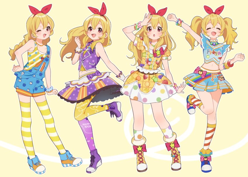 1girl :d :o aikatsu! aikatsu!_(series) arm_at_side arm_up asymmetrical_legwear bare_arms bare_shoulders blonde_hair blue_footwear blue_shirt blue_shorts blue_skirt blush booota bow bow_hairband bracelet braid clenched_hand commentary dress footwear_bow fruit_print full_body hairband hand_on_own_hip hand_up happy highres hoshimiya_ichigo idol jewelry legs_apart legs_together long_hair midriff miniskirt multiple_views navel necklace one_eye_closed open_mouth orange_skirt orange_socks pantyhose pearl_bracelet pearl_necklace plaid_clothes plaid_dress polka_dot polka_dot_bow polka_dot_shirt polka_dot_skirt purple_bow purple_footwear purple_pantyhose purple_shirt purple_skirt red_bow salute shirt shoes short_dress short_sleeves shorts sidelocks skirt sleeveless sleeveless_shirt smile socks standing standing_on_one_leg straight_hair striped_clothes striped_shirt striped_skirt striped_socks striped_thighhighs suspender_shorts suspenders thighhighs twintails vertical-striped_clothes vertical-striped_skirt wristband yellow_background yellow_dress yellow_footwear yellow_pantyhose yellow_shirt yellow_thighhighs