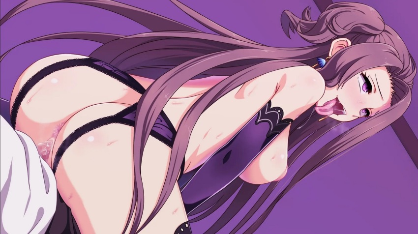 1boy 1girl ahegao anus artist_request ass black_pants breasts earrings eiyuu_densetsu eyelashes falcom hetero highres jewelry large_breasts long_hair nipples open_mouth pants partially_undressed penis purple_background purple_eyes purple_hair saliva sen_no_kiseki_(series) sen_no_kiseki_i sex shiny_skin shirt simple_background sweat sweatdrop teeth tongue tongue_out vaginal vita_clotilde white_shirt