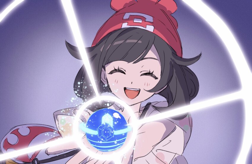 1girl ^_^ beanie black_hair close-up closed_eyes creatures_(company) floral_print fua1heyvot4ifsr game_freak glowing hat highres holding_orb holding_tera_orb light_rays nintendo open_mouth outstretched_arm outstretched_arms outstretched_hand pokemon pokemon_sm powering_up red_hat selene_(pokemon) shirt short_hair smile t-shirt tera_orb yellow_shirt