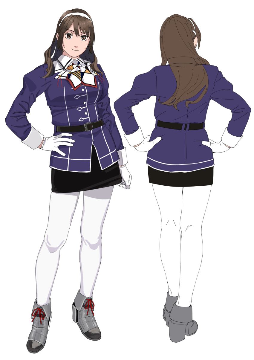 1girl ascot ashigara_(kancolle) ashigara_kai_ni_(kancolle) belt blush boots breasts brown_eyes brown_hair fake_horns full_body gloves hair_between_eyes hairband hands_on_own_hips highres horned_headwear horns jacket kantai_collection long_hair long_sleeves looking_at_viewer medium_breasts military military_uniform multicolored_ascot multiple_views neckerchief ojipon pantyhose pencil_skirt print_neckerchief purple_jacket skirt wavy_hair white_background white_gloves white_hairband white_pantyhose