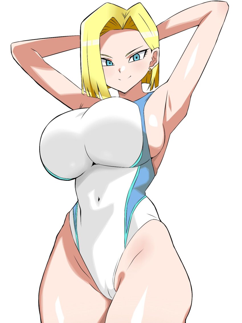 android_18 arms_up blonde_hair blue_eyes breasts cameltoe competition_swimsuit dragon_ball dragon_ball_super dragonball_z highres kagemusha large_breasts one-piece_swimsuit short_hair swimsuit thick_thighs thighs