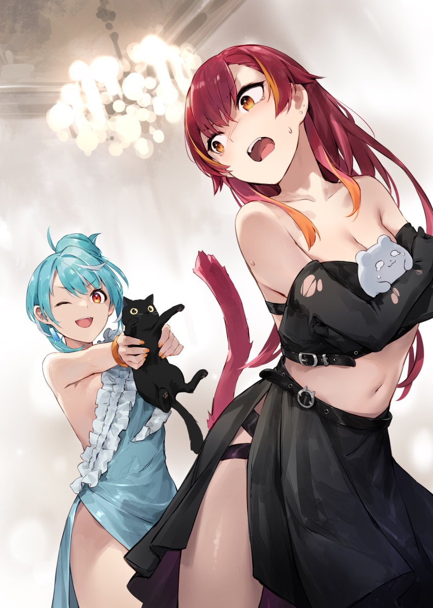 2girls absurdres animal aqua_dress aqua_hair asymmetrical_bangs ballroom belt belt_buckle black_cat black_dress black_gloves bracelet breasts buckle cat cat_tail cleavage collarbone colored_tips dress earrings evening_gown floating_earring frilled_dress frills gloves hair_bun hair_over_shoulder highres holding holding_animal holding_cat hugging_object jewelry leather_belt long_dress midriff multicolored_hair multiple_girls navel nekota_tsuna off-shoulder_dress off_shoulder one_eye_closed open_mouth red_hair shiranami_ramune side_slit single-shoulder_dress single_hair_bun single_strap sweat tail teeth thighs torn_clothes torn_sleeves upper_teeth_only virtual_youtuber vspo! zen_juraku