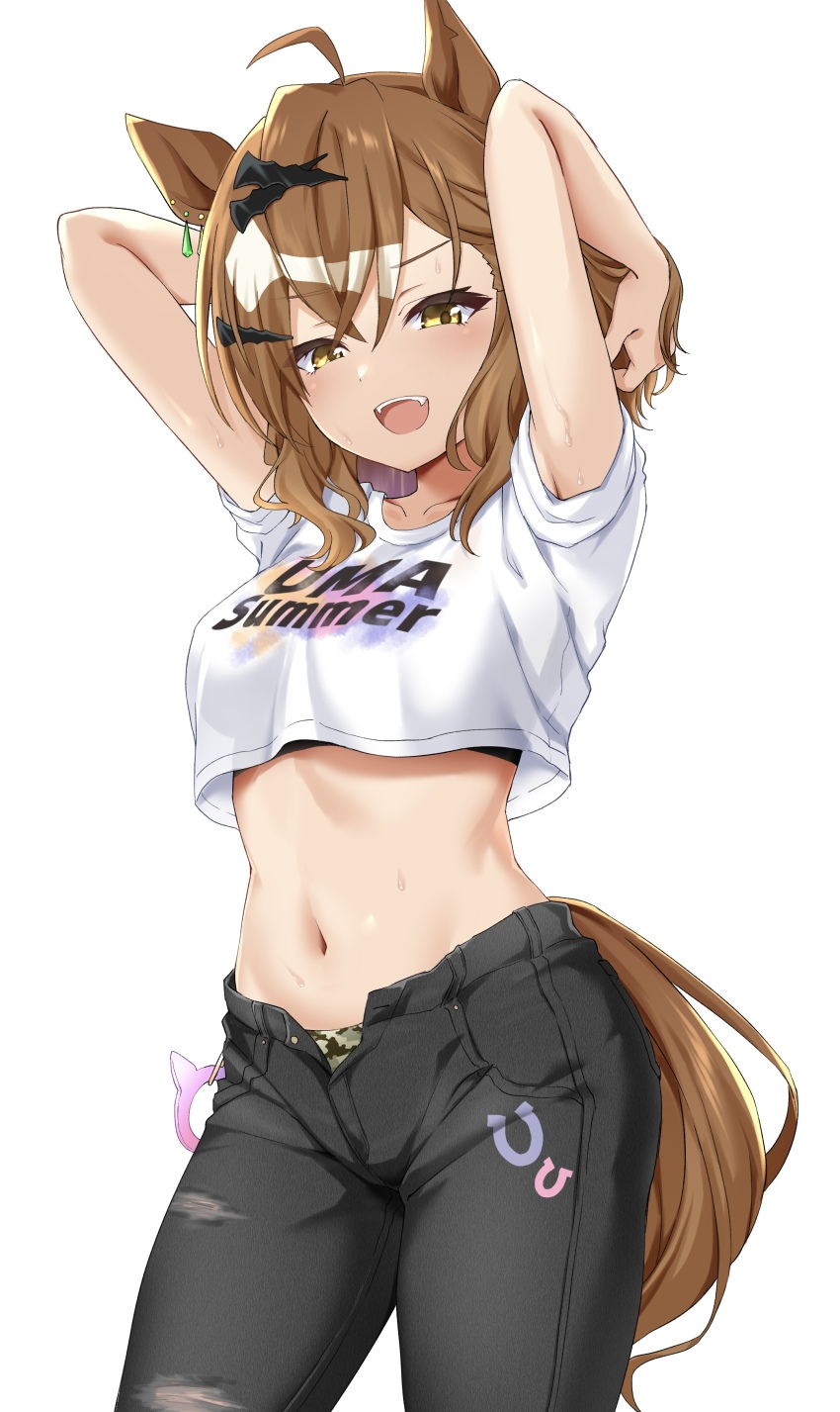 1girl absurdres ahoge animal_ears arms_up black_bra black_pants bra bra_visible_through_clothes breasts brown_tail buttons camouflage camouflage_panties commentary_request cowboy_shot crop_top fang hair_between_eyes highres horse_ears horse_girl horse_tail jungle_pocket_(umamusume) looking_at_viewer medium_breasts medium_hair midriff navel open_clothes open_fly open_pants panties pants ryochapu simple_background solo stomach sweat tachi-e tag tail torn_clothes torn_pants uma_summer_(umamusume) umamusume unbuttoned underwear white_background yellow_eyes