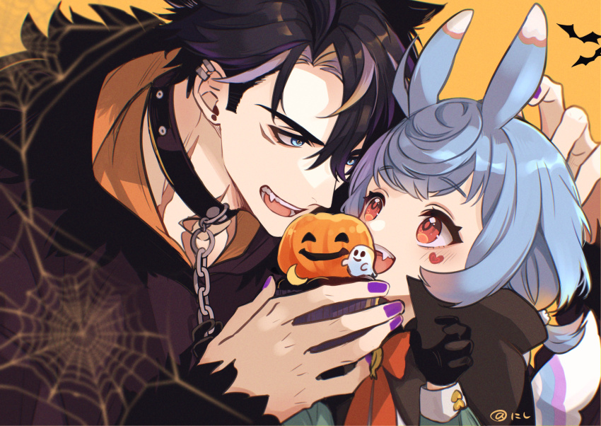 1boy 1girl animal_ears black_cape black_gloves black_hair blue_eyes blue_hair blurry blurry_foreground blush cape chain ear_piercing fang genshin_impact gloves grey_hair hair_between_eyes halloween halloween_costume highres long_sleeves multicolored_hair nail_polish open_mouth orange_background piercing purple_nails red_eyes scar scar_on_neck sigewinne_(genshin_impact) silk spider_web tanuki_nishi twitter_username upper_body wriothesley_(genshin_impact)