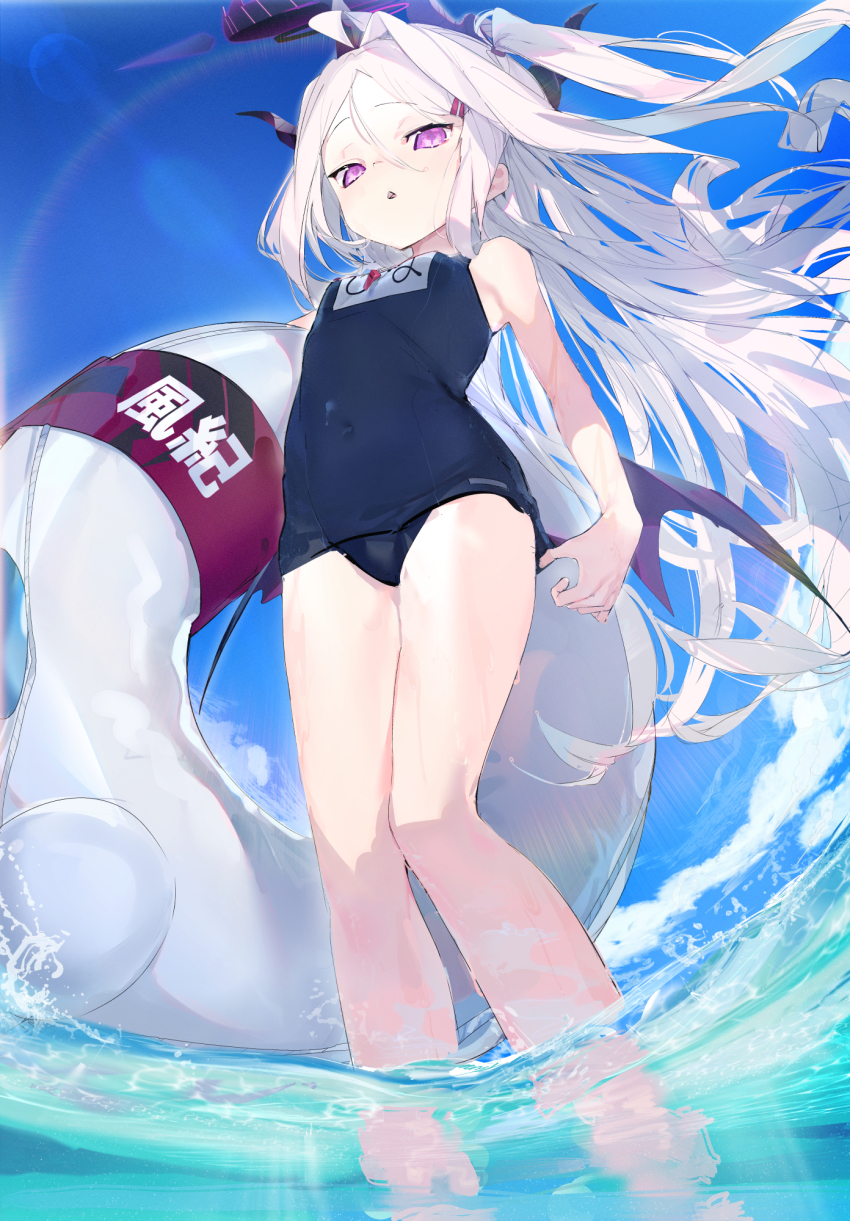 1girl ahoge aida_(chinhung0612) blue_archive blue_one-piece_swimsuit demon_horns from_below halo highres hina_(blue_archive) hina_(swimsuit)_(blue_archive) horns innertube long_hair looking_at_viewer looking_down multiple_horns name_tag one-piece_swimsuit parted_bangs purple_eyes school_swimsuit solo swim_ring swimsuit water whistle whistle_around_neck white_hair