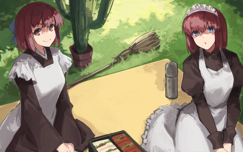 2girls absurdres apron bento blue_eyes bow broom brown_eyes cactus commentary grass hair_bow highres hisui_(tsukihime) japanese_clothes jonyeld kimono kohaku_(tsukihime) long_sleeves looking_at_viewer maid maid_headdress melty_blood multiple_girls open_mouth outdoors picnic red_hair ribbon short_hair siblings sisters smile thermos tsukihime twins