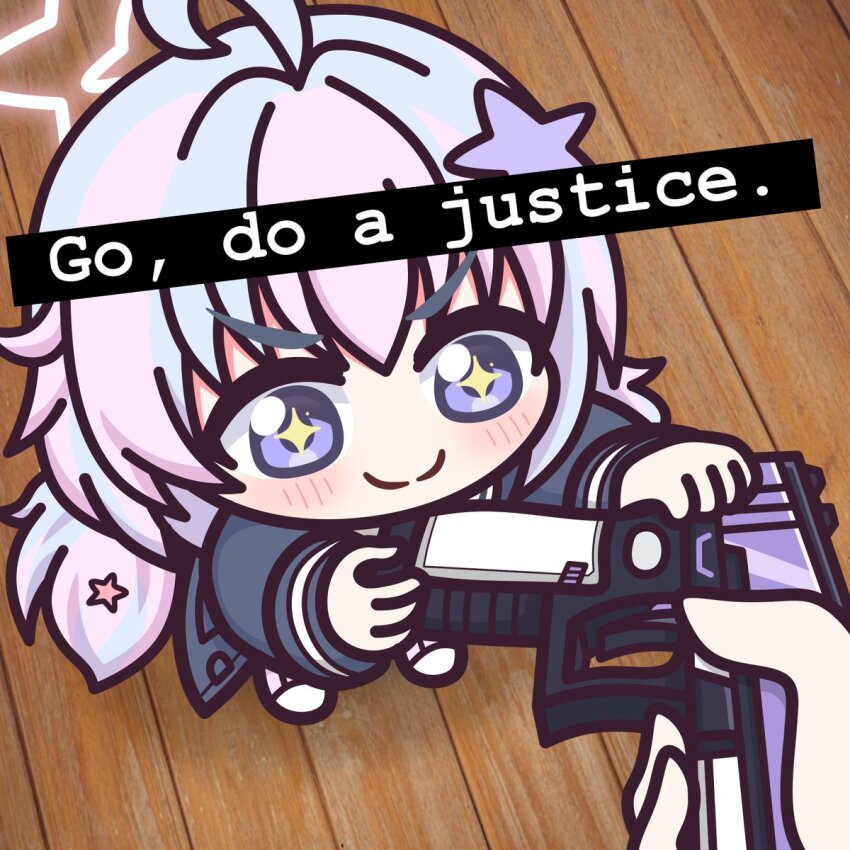 1girl ahoge blue_archive blue_hair blush closed_mouth commentary english_text go_do_a_crime_(meme) gun hair_ornament halo handgun highres holding holding_gun holding_weapon light_blue_hair long_hair long_sleeves meme multicolored_hair noredji pink_hair pink_halo reisa_(blue_archive) school_uniform smile solo_focus star_(symbol) star_hair_ornament star_halo twintails weapon