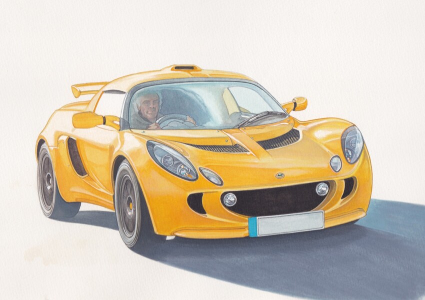 1boy asai_takashi car driving highres jeremy_clarkson lotus_(brand) lotus_elise motor_vehicle solo spoiler_(automobile) sports_car steering_wheel top_gear vehicle_focus yellow_car