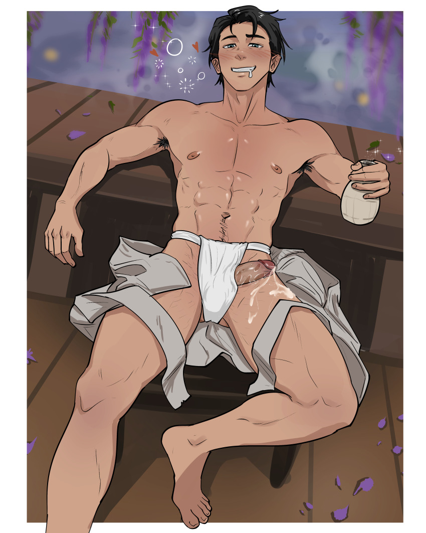 1boy absurdres armpit_hair blush body_hair clothing_aside cum drooling drunk feet fundoshi fundoshi_aside highres japanese_clothes jujutsu_kaisen kenkaru86 male_focus muscular muscular_male okkotsu_yuuta pubic_hair