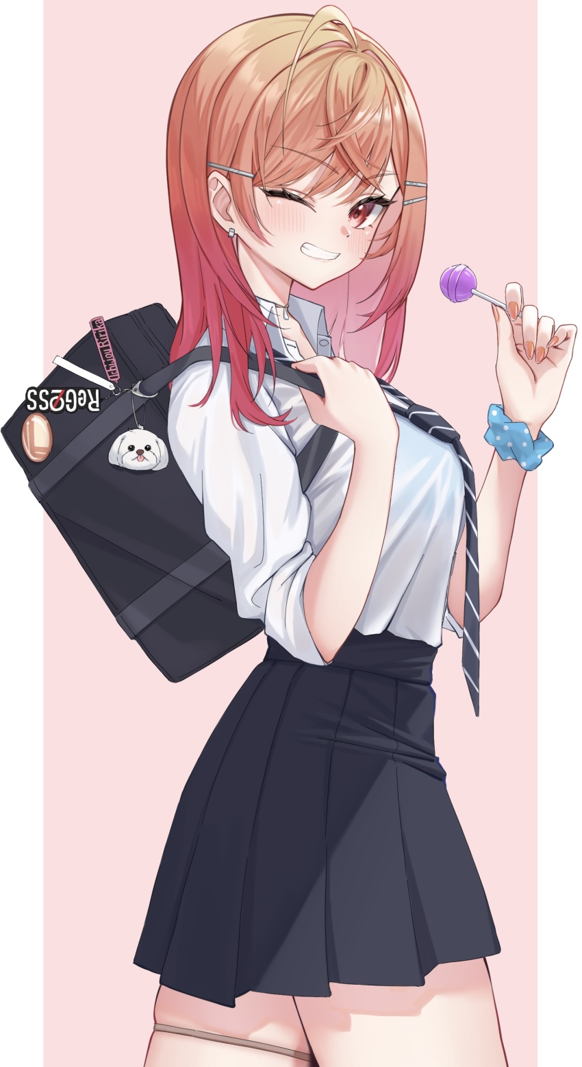 1girl absurdres ahoge ai_(u_e_o_o) alternate_costume black_bag black_necktie black_skirt blush breasts candy collared_shirt diagonal-striped_clothes diagonal-striped_necktie ear_piercing food from_side grin gyaru hair_ornament highres holding holding_candy holding_food holding_lollipop hololive hololive_dev_is ichijou_ririka large_breasts letterboxed lollipop looking_at_viewer medium_hair necktie orange_hair piercing pink_background pleated_skirt red_eyes school_uniform shirt shirt_tucked_in skindentation skirt sleeves_rolled_up smile solo striped_clothes thigh_strap virtual_youtuber white_shirt