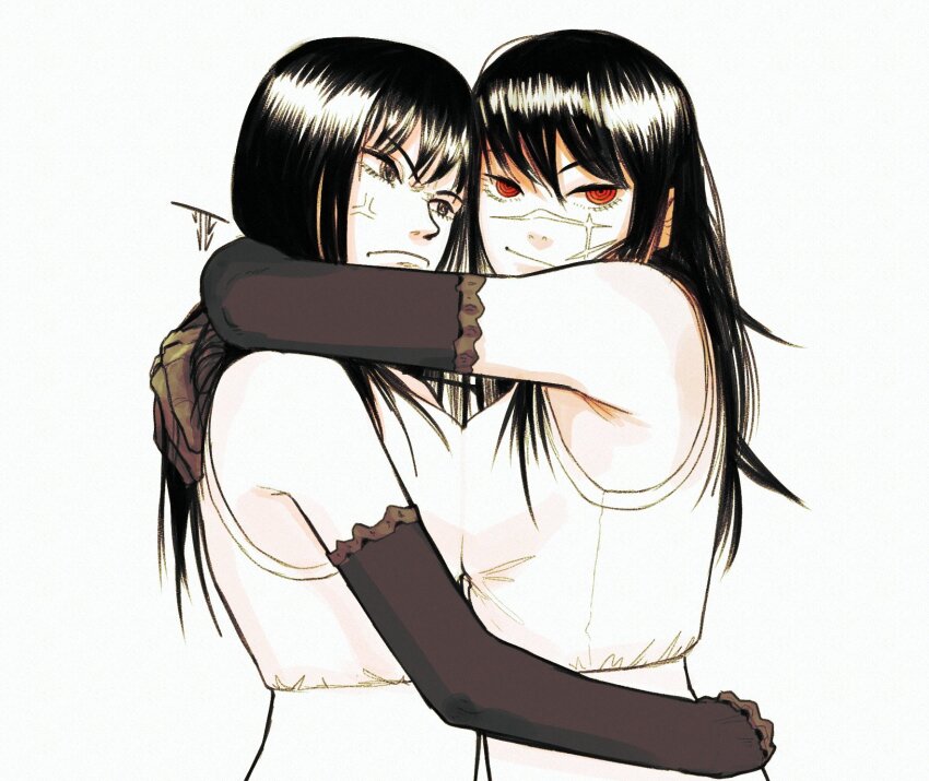 2girls anger_vein black_gloves black_hair breast_press breasts chainsaw_man closed_mouth crop_top elbow_gloves facial_scar gloves grey_eyes highres hug jjeanlll long_hair medium_breasts mitaka_asa multiple_girls red_eyes ringed_eyes scar scar_on_cheek scar_on_face symmetrical_docking yoru_(chainsaw_man)