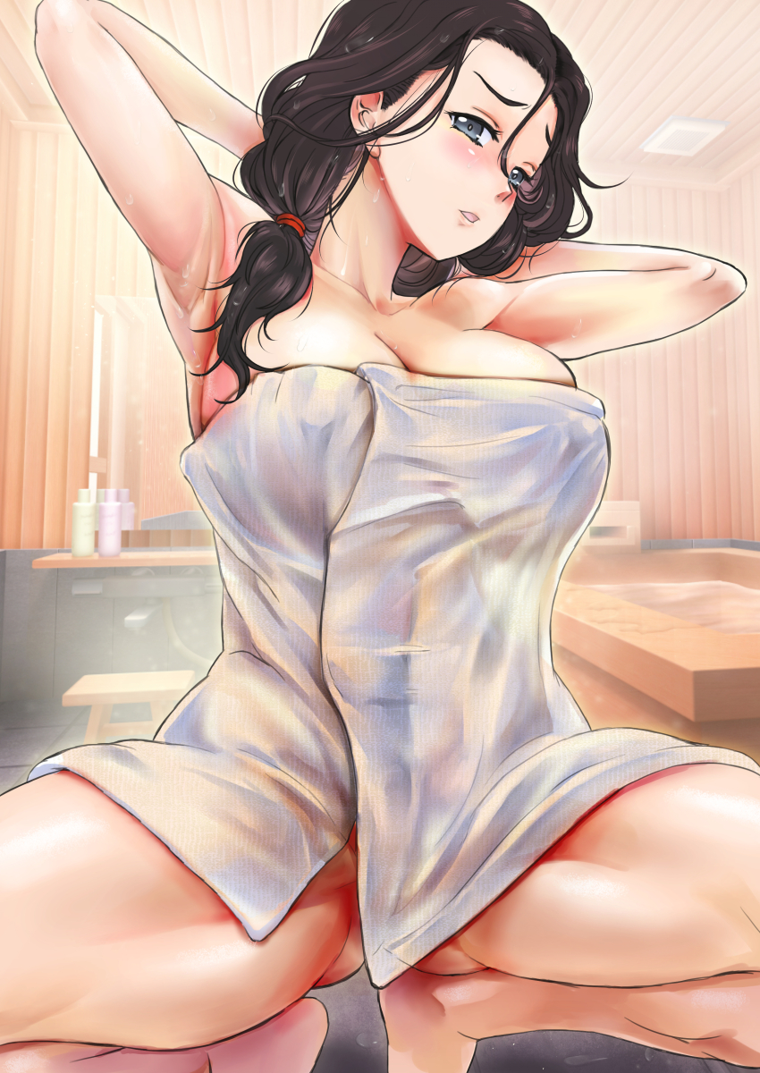 1girl absurdres arms_behind_head arms_up barefoot black_eyes black_hair blush breasts cleavage commentary_request commission girls_und_panzer hair_down hair_over_shoulder hair_tie half-closed_eyes hamada_kiyo head_tilt highres indoors large_breasts light_frown looking_at_viewer medium_hair nabeyu naked_towel parted_lips partial_commentary pixiv_commission sauna solo spread_legs squatting steam textless_version towel wet wet_hair