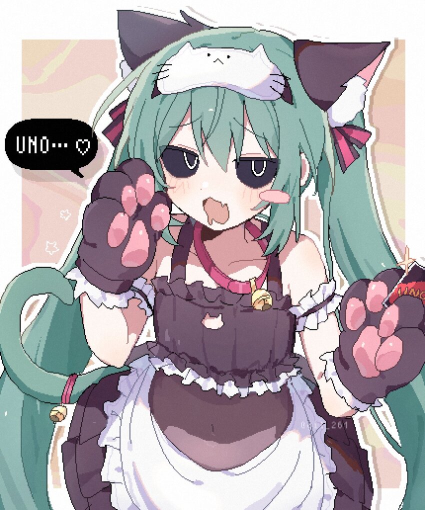 1girl animal_ear_fluff animal_ears animal_hands apron aqua_hair aqua_tail artist_name bare_shoulders bell black_bra black_sclera black_skirt blush_stickers bra card cat_cutout cat_ears cat_paws cat_tail clothing_cutout collar collarbone colored_sclera commentary covered_navel drooling fang flat_chest frilled_bra frills gil_(gil_261) gloves hair_between_eyes hands_up hashtag-only_commentary hatsune_miku highres holding holding_card long_hair looking_at_viewer mimukauwa_nice_try_(vocaloid) mouth_drool neck_bell open_mouth paw_gloves pleated_skirt red_collar sidelocks single_blush_sticker skin_fang skirt solo tail tail_bell tail_ornament twintails underwear uno_(game) very_long_hair vocaloid waist_apron white_apron