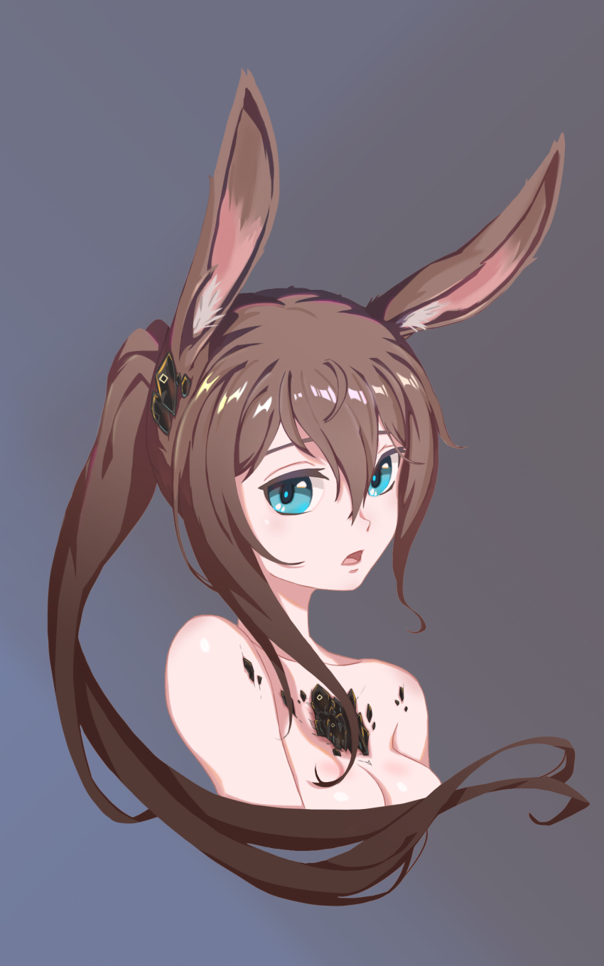 1girl absurdres amiya_(arknights) animal_ears arknights blue_eyes brown_hair cropped_torso eyebrows_hidden_by_hair gradient_background grey_background hair_between_eyes hair_censor highres long_hair looking_at_viewer lunn material_growth nude open_mouth oripathy_lesion_(arknights) ponytail rabbit_ears solo upper_body