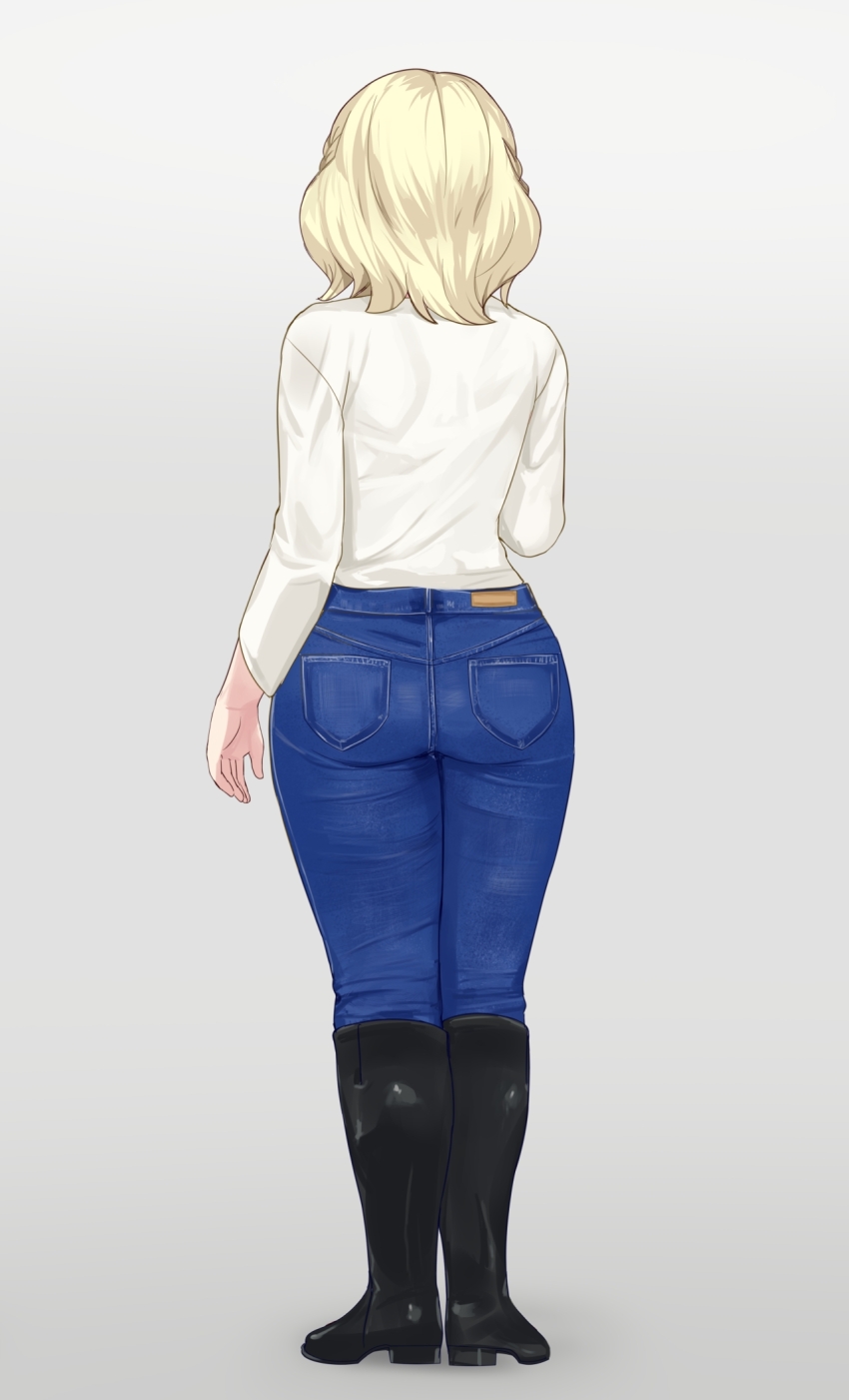 1girl black_footwear blonde_hair blue_pants boots breasts colorado_(kancolle) from_behind full_body grey_background highres kantai_collection kusaka_souji large_breasts long_sleeves pants pocket shirt short_hair simple_background solo standing white_shirt