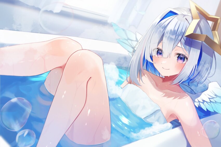 1girl amane_kanata angel angel_wings asymmetrical_bangs asymmetrical_hair bath bathing bathtub blue_hair blue_wings blush bob_cut colored_inner_hair commentary_request feathered_wings feet_out_of_frame gradient_wings grey_hair hair_intakes hair_over_one_eye halo hololive knees_together_feet_apart knees_up looking_at_viewer medium_hair mini_wings multicolored_hair multicolored_wings naked_towel partially_submerged pink_hair purple_eyes single_hair_intake smile solo star_halo streaked_hair towel uekana9 virtual_youtuber water wet white_wings wings