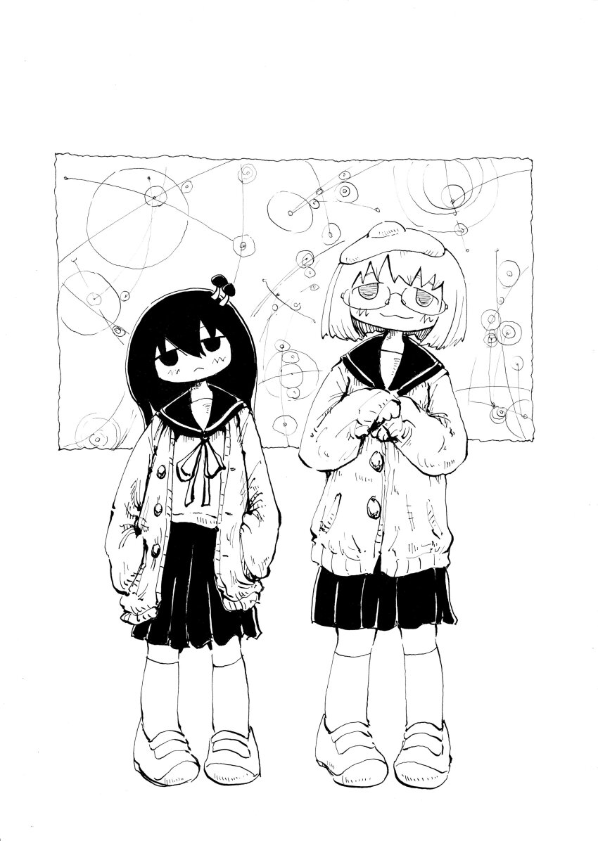 2girls :&lt; :3 absurdres black_hair egg_(food) egg_hair_ornament food food-themed_hair_ornament food_on_head fried_egg full_body geometric_pattern greyscale hair_ornament hands_in_pockets hashtag-only_commentary height_difference highres jitome mochihama monochrome multiple_girls mushroom mushroom_on_head object_on_head own_hands_together school_uniform serafuku shimeji_simulation shoes sweater tareme tsukishima_shijima uwabaki white_background yamashita_majime