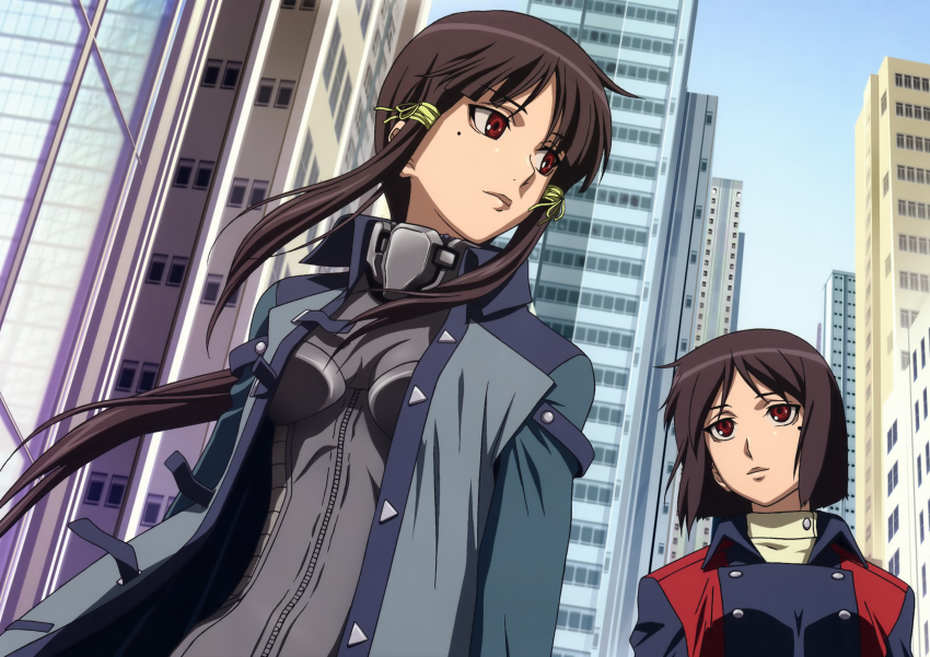 2girls absurdres city fujimi_shobo full_metal_panic! highres long_hair looking_back mole multiple_girls red_hair short_hair siblings sisters sky twins window xia_yu_fan xia_yu_lan