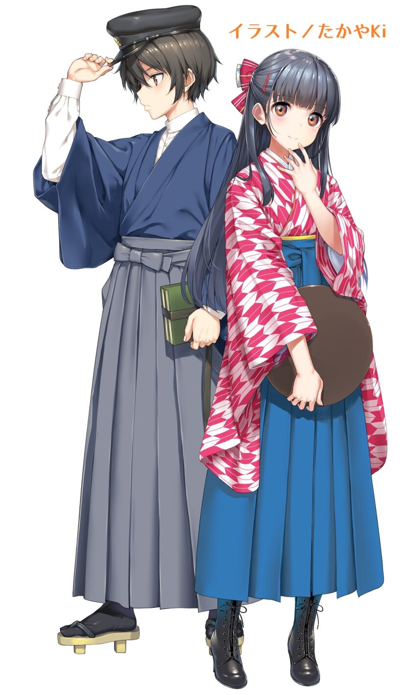 1boy 1girl adjusting_clothes adjusting_headwear artist_name black_footwear black_hair blue_haori blue_skirt book boots brown_eyes closed_mouth collared_shirt commentary_request grey_skirt hair_ornament hairclip hakama hakama_skirt half_updo hand_up haori hat highres holding holding_book irido_mizuto irido_yume japanese_clothes kimono light_blush long_hair long_skirt looking_at_viewer looking_to_the_side mamahaha_no_tsurego_ga_moto_kano_datta official_art pink_kimono pleated_skirt shirt short_hair simple_background skirt smile standing takayaki white_background