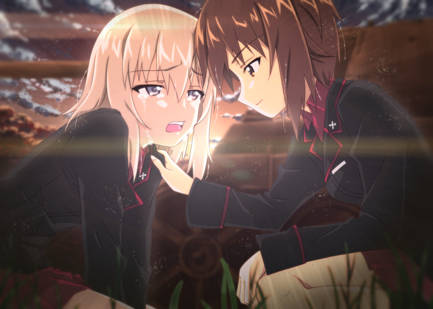 2girls black_jacket blue_eyes brown_eyes brown_hair closed_mouth cloud collared_shirt crying crying_with_eyes_open dawn girls_und_panzer grass grey_eyes grey_hair hand_on_another&#039;s_shoulder hat highres itsumi_erika jacket kuromorimine_military_uniform long_hair military_vehicle motor_vehicle multiple_girls nishizumi_maho on_grass on_ground on_one_knee open_mouth parsec_ten red_shirt red_skirt shirt short_hair sitting skirt smile sun sunlight tank tears unworn_hat unworn_headwear