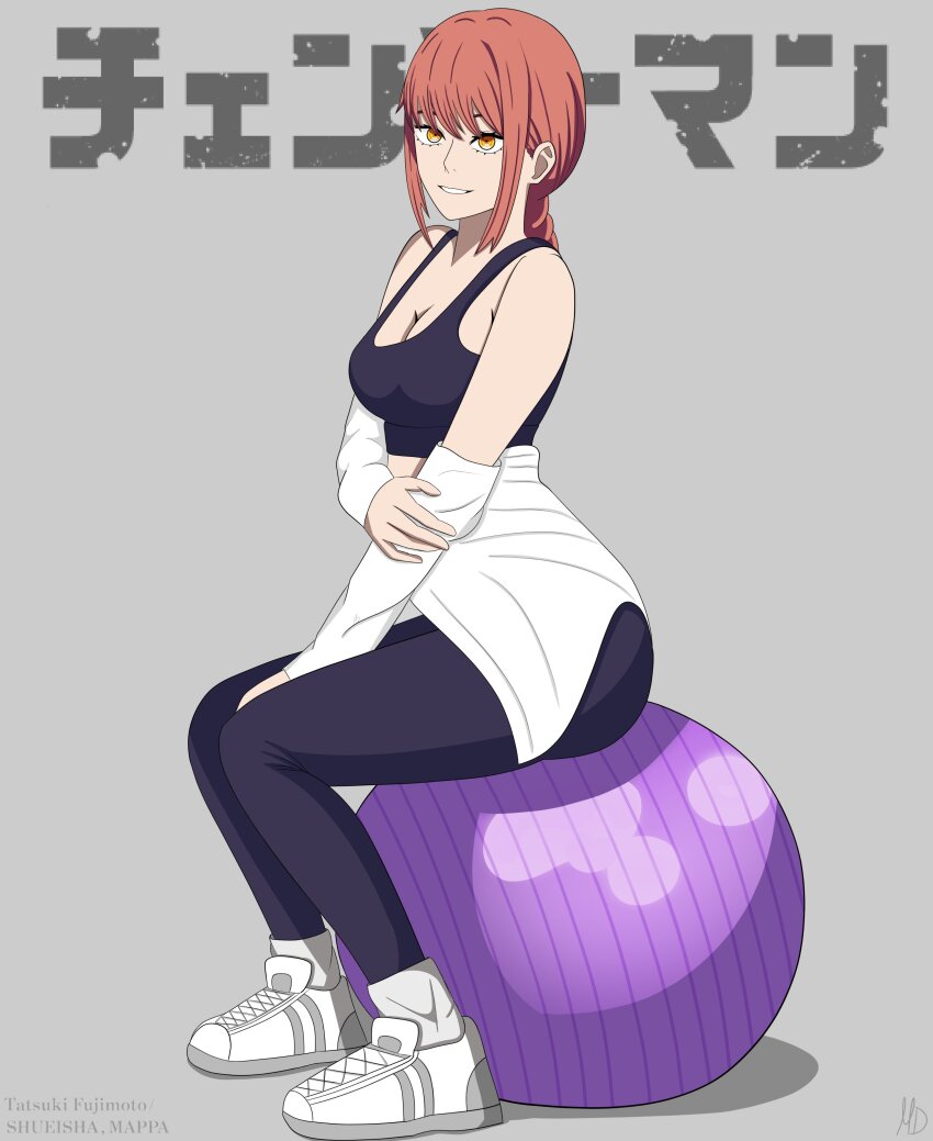 1girl absurdres ball black_sports_bra braid chainsaw_man exercise_ball highres jacket leggings makima_(chainsaw_man) maxim_drw official_style pants red_hair smile socks sports_bra sportswear white_jacket white_sneakers white_socks yoga_pants