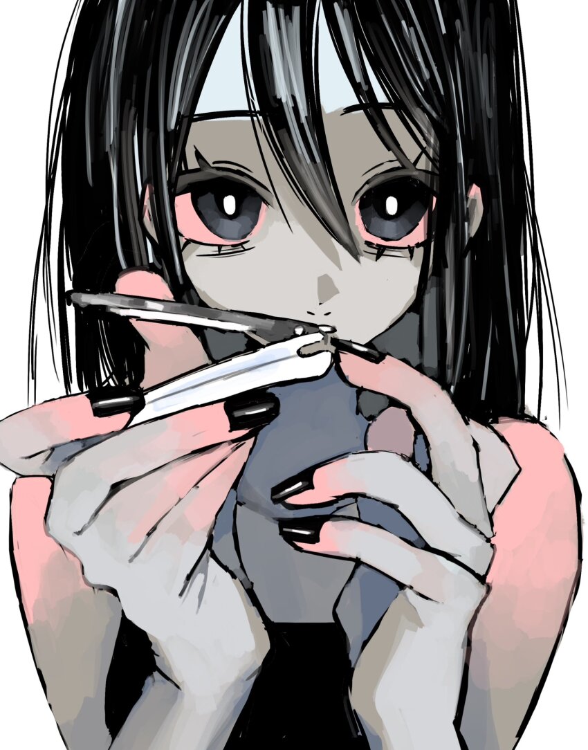 1girl applying_manicure bare_shoulders black_eyes black_hair black_nails black_shirt bright_pupils clipping_nails colored_sclera hair_between_eyes hands_up highres holding long_hair looking_at_viewer nail_clippers nail_polish original pink_sclera shirt sleeveless sleeveless_shirt solo upper_body urokogaran white_background white_pupils