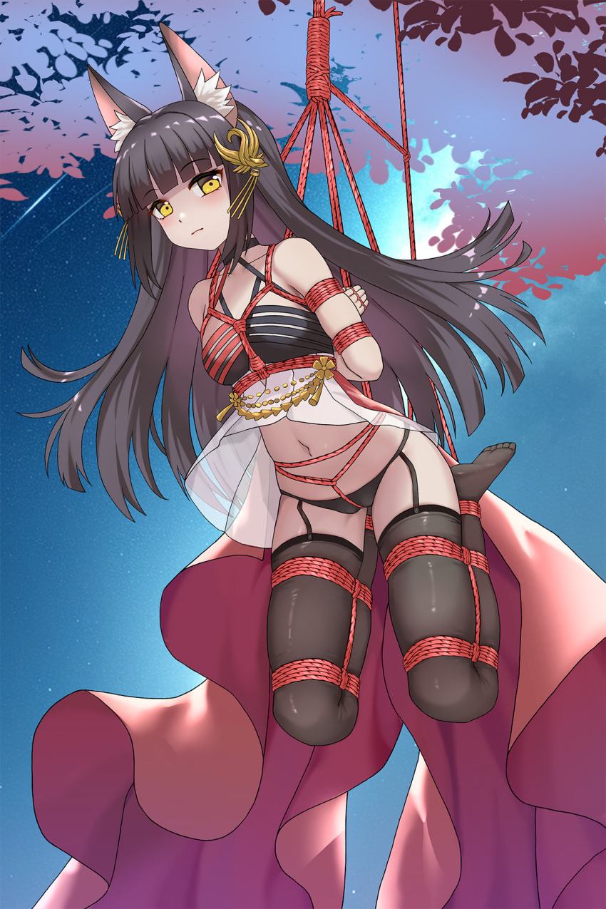 1girl animal_ears arms_behind_back azur_lane bare_shoulders bdsm black_panties blush bondage bound bound_arms bound_legs breasts brown_hair clothes_lift crotch_rope dress dress_lift expressionless fox_ears fox_girl from_below full_body garter_straps haimei1980 hair_ornament highres legs_folded light_frown long_hair looking_at_viewer looking_down midriff nagato_(azur_lane) nagato_(meta)_(azur_lane) navel outdoors panties see-through_clothes see-through_dress shibari skindentation sleeveless sleeveless_dress small_breasts solo staring suspension thighhighs tree underwear upskirt very_long_hair yellow_eyes