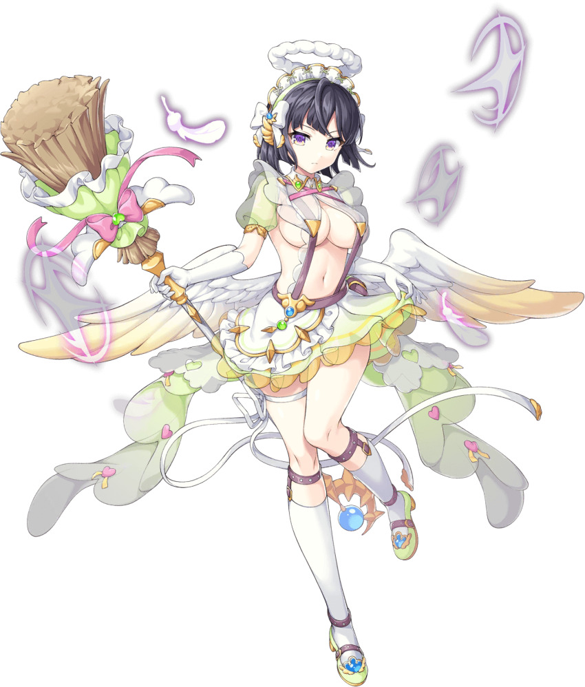 1girl angel artist_request black_hair bow breasts broom falling_feathers feathered_wings feathers four-pointed_star full_body game_cg heart helmy highres holding holding_broom legend_clover maid_headdress navel official_alternate_costume official_art pink_bow purple_eyes short_hair skirt solo third-party_source transparent_background wings