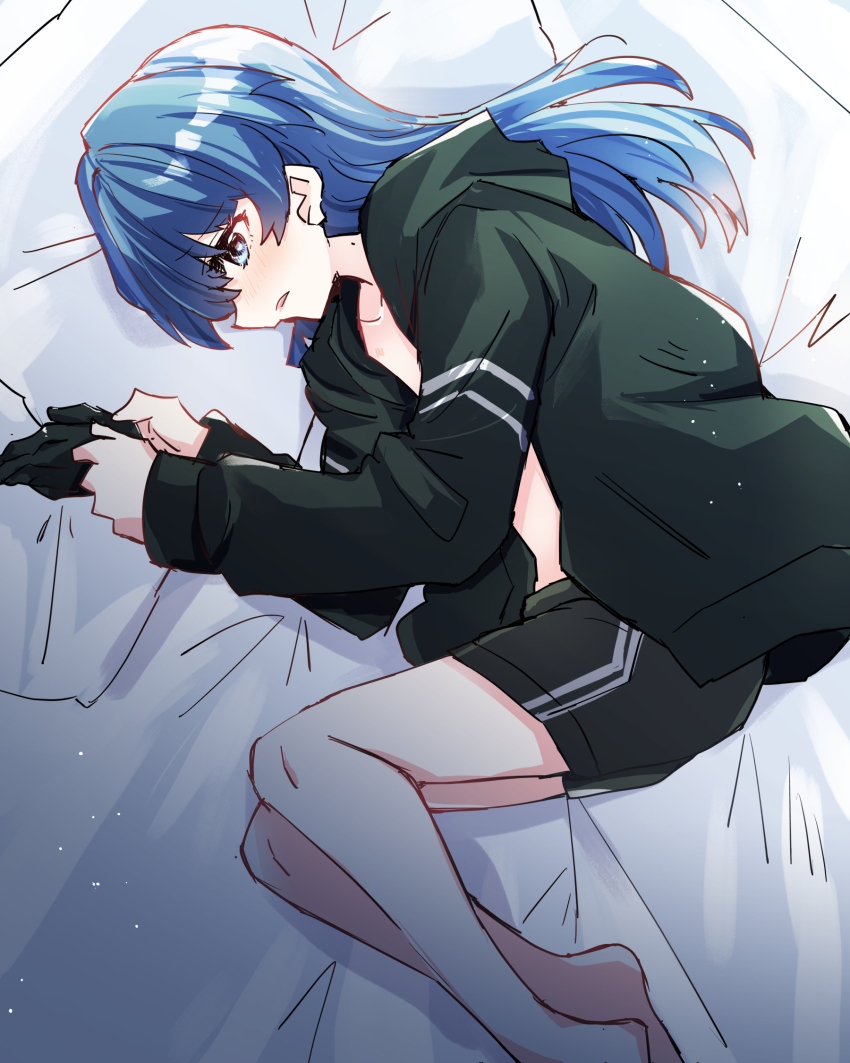 1girl bed black_gloves black_jacket blue_eyes blue_hair blush collarbone commentary_request dark_blue_hair fetal_position flat_chest gloves highres holding holding_unworn_clothes holding_gloves holding_unworn_clothes jacket kanduki_kamibukuro light_blush link!_like!_love_live! long_hair long_sleeves looking_at_object love_live! lying mole mole_on_neck murano_sayaka no_bra on_bed on_side open_clothes open_jacket parted_lips pillow solo unzipped