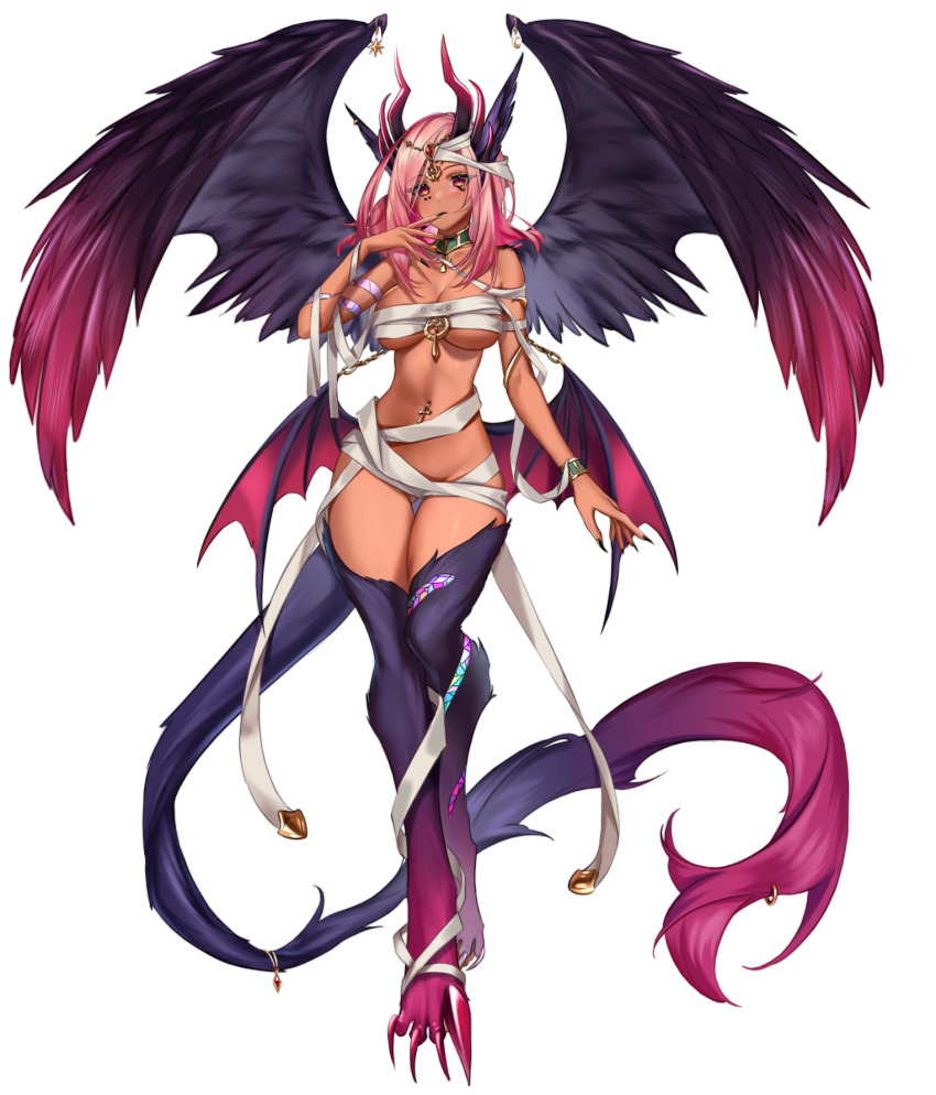 ankh breasts dragon_wings fangs feathered_wings fingernails full_body functionally_nude head_wings heart heart_tattoo highres horns indie_virtual_youtuber jewelry large_breasts long_hair looking_at_viewer navel_piercing official_art piercing pink_hair tattoo teeth tongue tongue_out trickywi tur virtual_youtuber wings