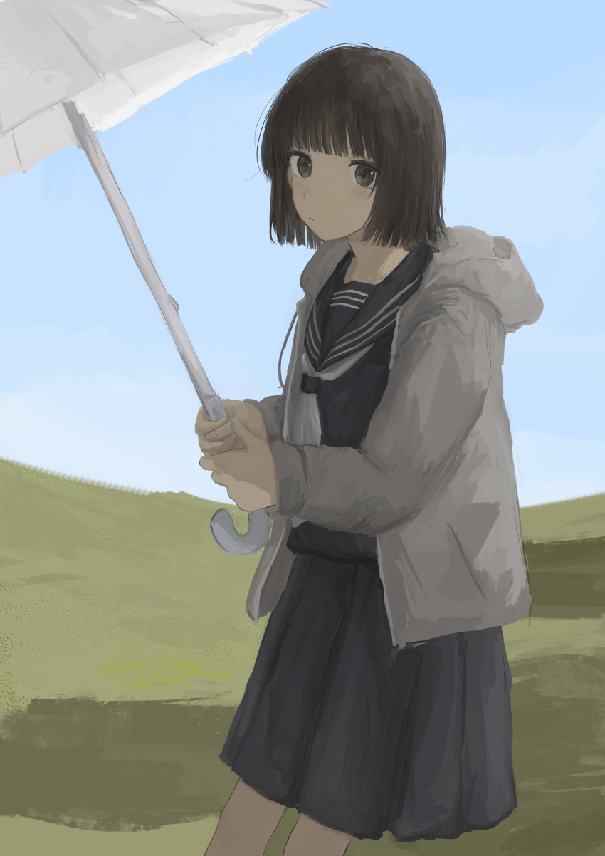 1girl absurdres attamaf866 black_eyes black_hair black_sailor_collar black_serafuku black_shirt black_skirt blue_sky blunt_bangs blunt_ends day grey_jacket highres holding holding_umbrella hood hooded_jacket jacket landscape looking_at_viewer medium_hair neckerchief open_clothes open_jacket original outdoors sailor_collar school_uniform serafuku shirt skirt sky solo umbrella white_neckerchief white_umbrella