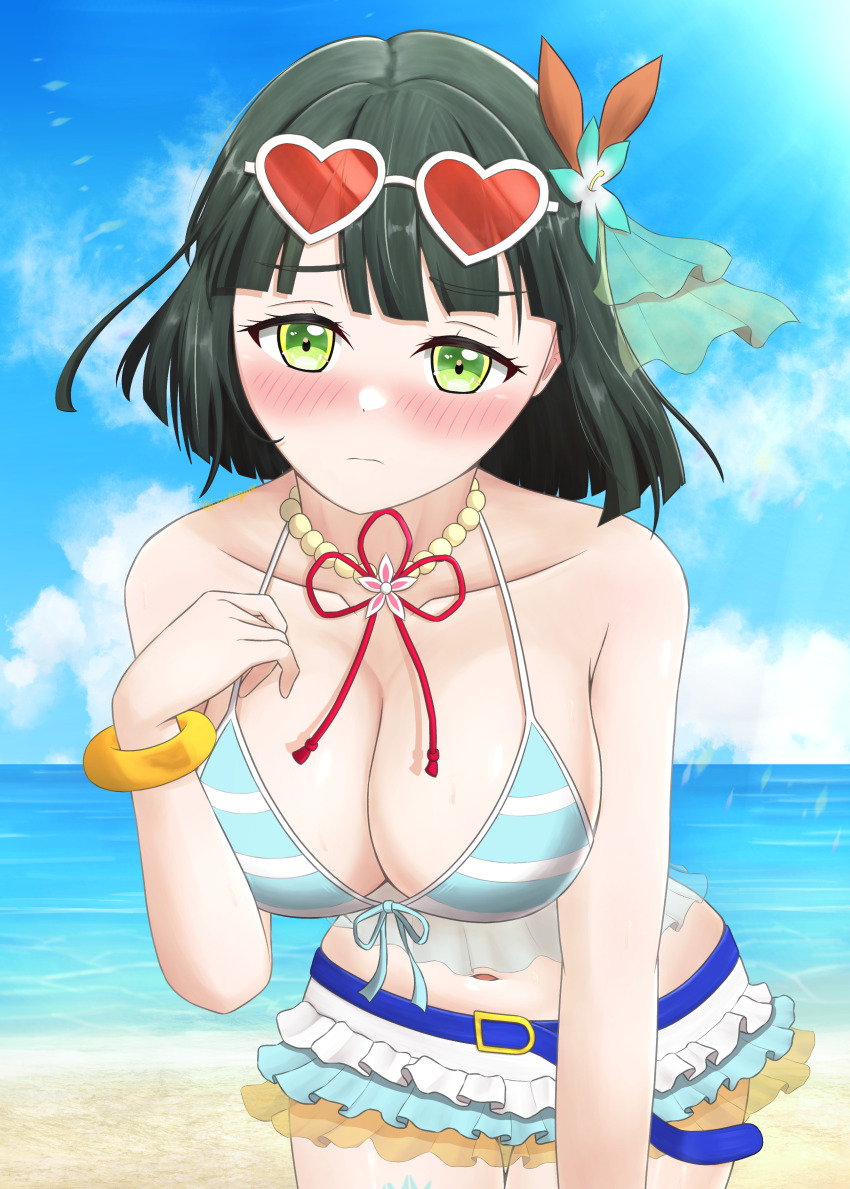 1girl 3: absurdres aqua_flower beach belt bikini bikini_skirt black_hair blue_belt blue_bikini blue_sky blunt_bangs blunt_ends blush breasts cleavage closed_mouth collarbone commentary_request cosplay cowboy_shot eyewear_on_head flower flower_knot flower_necklace green_eyes hair_flower hair_ornament heart heart-shaped_eyewear highres jewelry large_breasts leaning_forward link!_like!_love_live! livemegane long_belt looking_at_viewer love_live! love_live!_school_idol_project midriff momose_ginko natsuiro_egao_de_1_2_jump! navel necklace nishikino_maki nishikino_maki_(cosplay) nose_blush official_alternate_costume red-tinted_eyewear short_hair sky solo split_mouth striped_bikini striped_clothes sunglasses swimsuit tinted_eyewear virtual_youtuber white-framed_eyewear