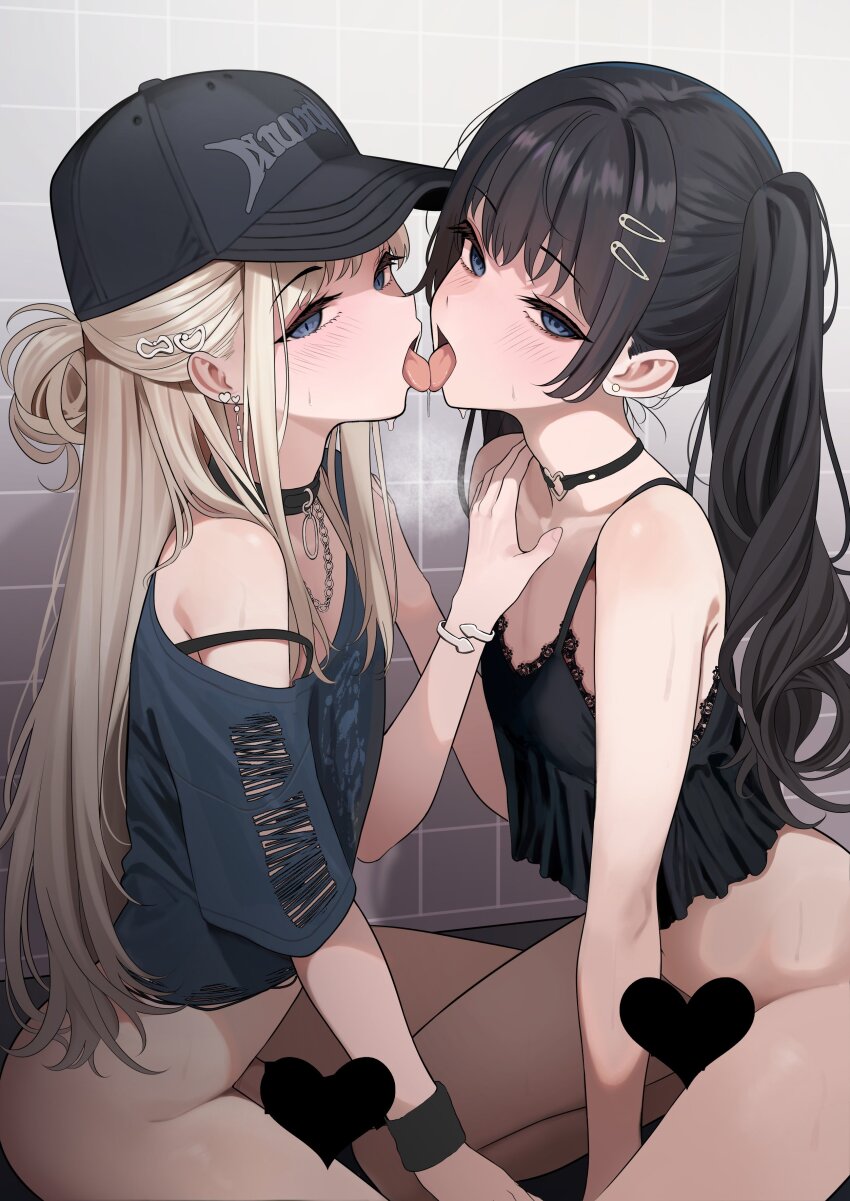 2boys absurdres androgynous arm_support baseball_cap black_camisole black_choker black_hair black_hat blonde_hair blue_eyes blue_shirt bottomless bra_strap bracelet camisole censored choker commentary crossdressing earrings flat_chest french_kiss hair_ornament hairclip half-closed_eyes hand_on_another&#039;s_chest hat heart heart_censor heart_earrings heart_o-ring highres jewelry kiss light_blush long_hair looking_at_viewer male_focus multiple_boys o-ring o-ring_choker open_mouth original saliva seiza shirt sitting strap_slip stud_earrings sweat symbol-only_commentary tile_wall tiles tongue tongue_out trap trap_on_trap turisasu twintails very_long_hair yaoi