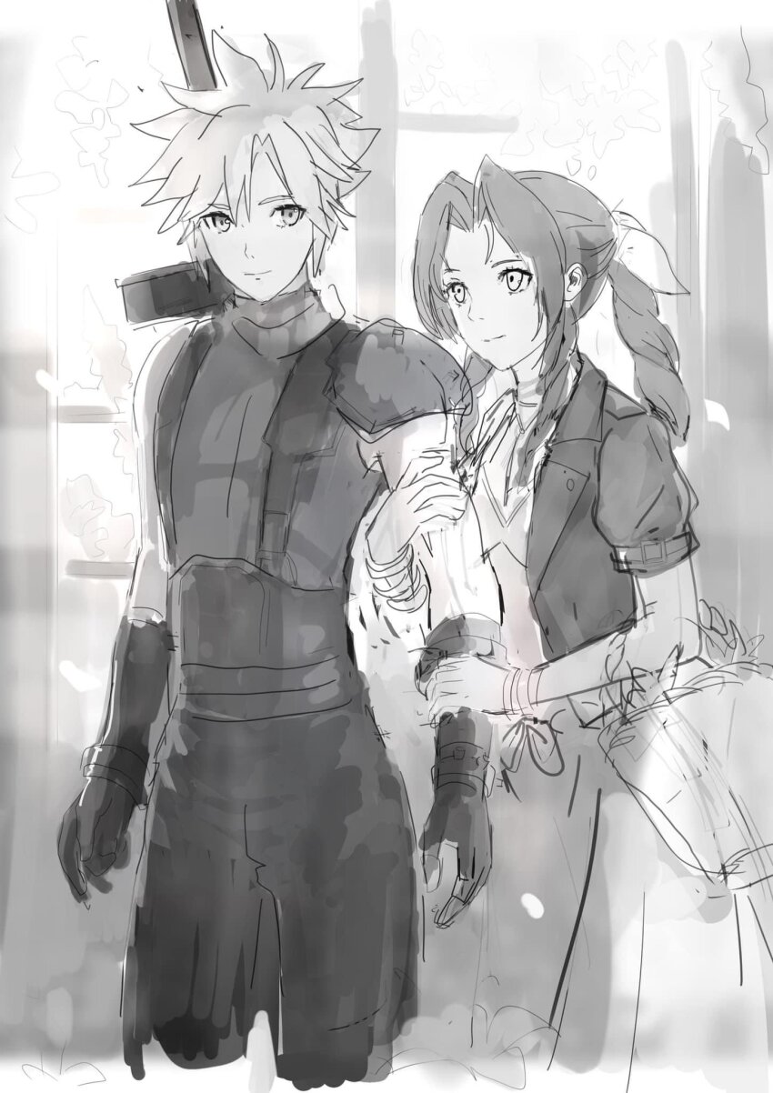 1boy 1girl aerith_gainsborough armor bangle bracelet braid braided_ponytail buster_sword cloud_strife couple cowboy_shot cropped_jacket dress final_fantasy final_fantasy_vii final_fantasy_vii_remake gloves greyscale hair_between_eyes hair_ribbon hetero highres jewelry light_smile long_dress long_hair looking_at_another monochrome ooi_choon_liang parted_bangs ribbon short_hair shoulder_armor sidelocks single_bare_shoulder single_braid single_shoulder_pad sketch spiked_hair suspenders weapon weapon_on_back